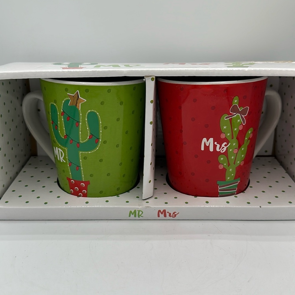 Mr. and Mrs. set of two stoneware cactus Christmas mugs